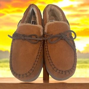 Tan‎ Moccasin Slippers Mens Indoor Outdoor Fleece Lined Small Cozy Winter Lounge